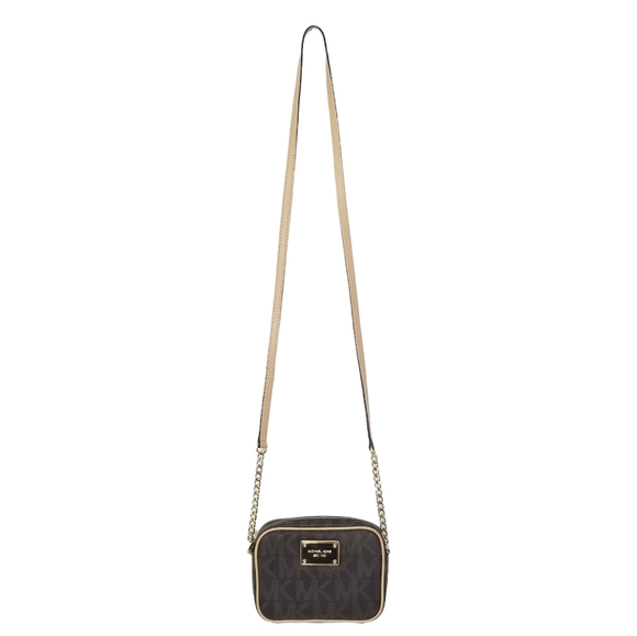 Michael Kors Jet Set Monogram Crossbody Bag Gold Logo Plate & Chain - Picture 2 of 15